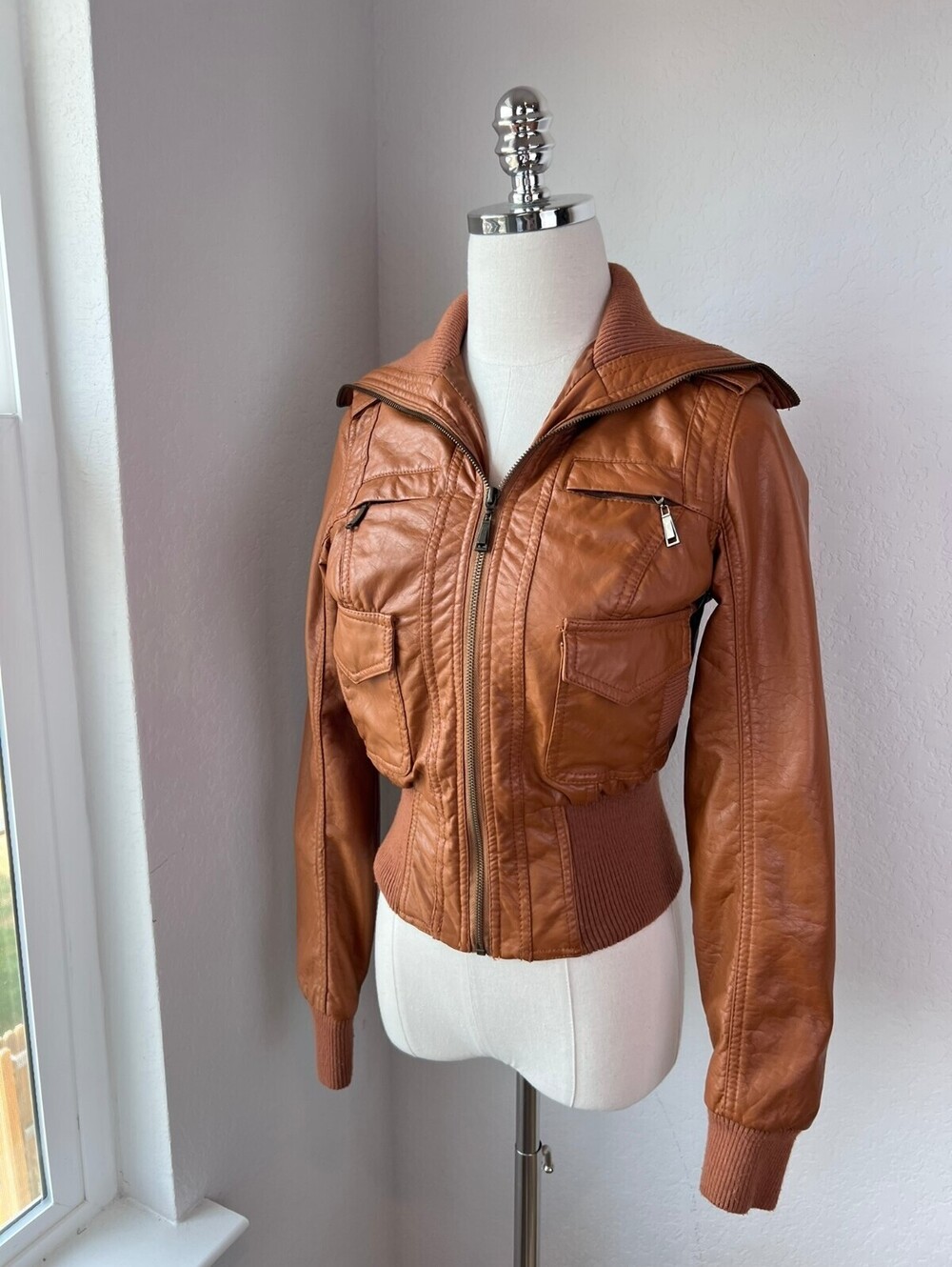 Vintage Y2K Brown Faux Leather Moto Jacket size XS